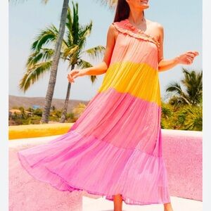 SUNDRESS NEW S/XS Stevie Palma mix color Colorful Ruffled Maxi Dress